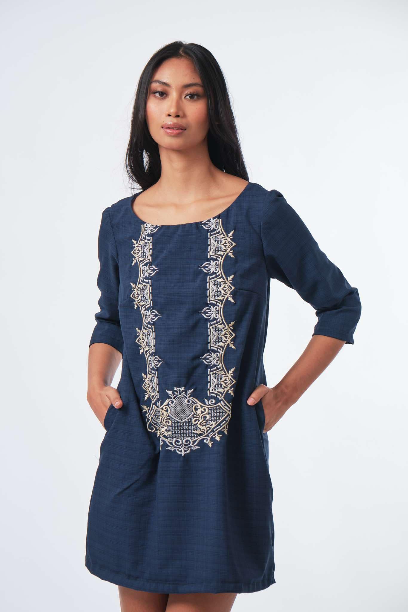 ATT2412603 Blue Barong Dress W/Embroidery and 3/4 Sleeves