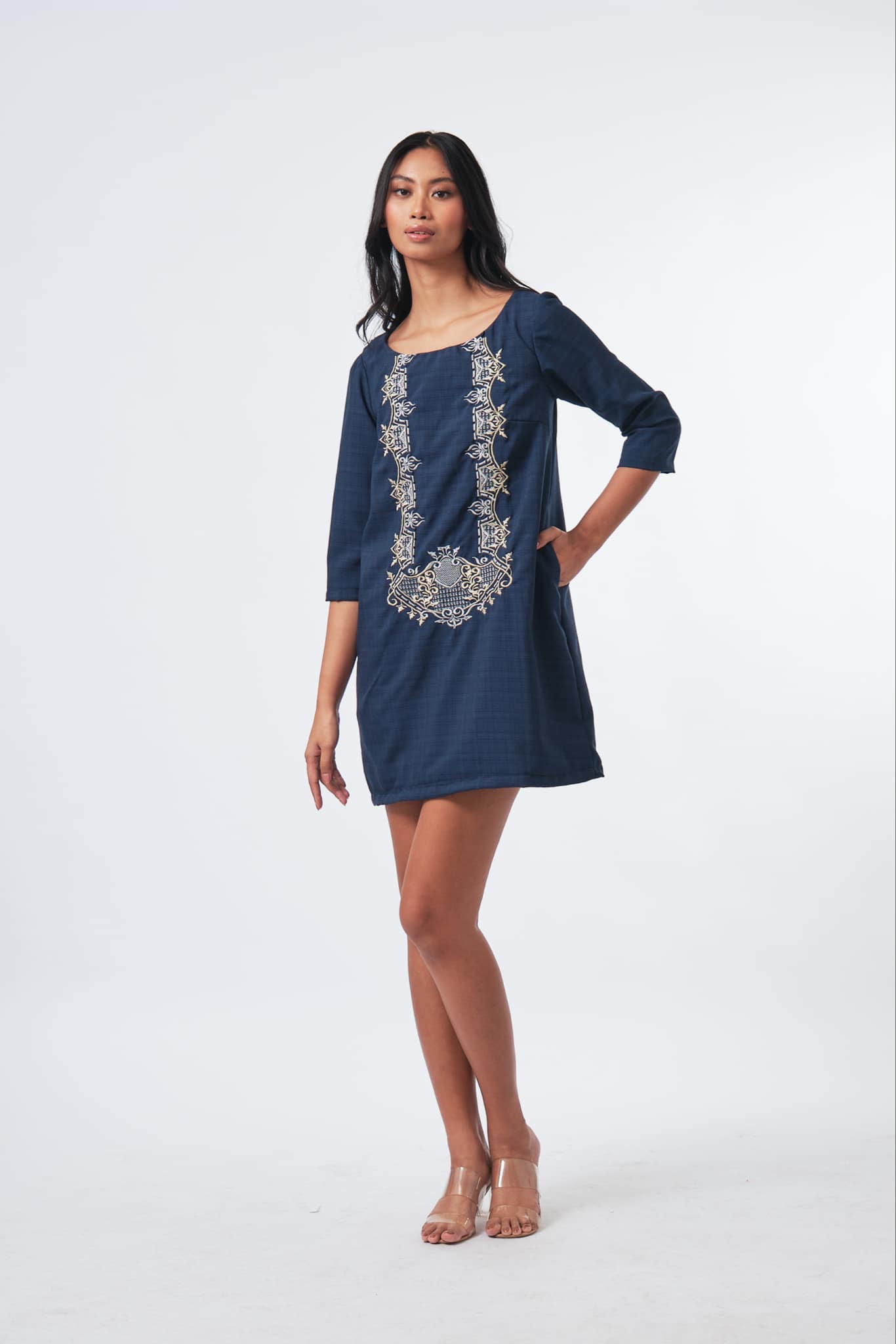 ATT2412603 Blue Barong Dress W/Embroidery and 3/4 Sleeves